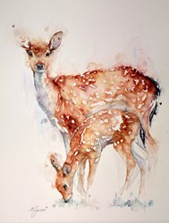 Fallow Doe with Fawn by Amanda Gordon - Original on Paper sized 21x27 inches. Available from Whitewall Galleries